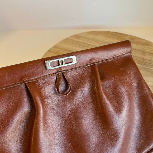 Vintage 90s Tan Genuine Leather Snap Closure Clutch Evening Bag - Picture 12 of 12